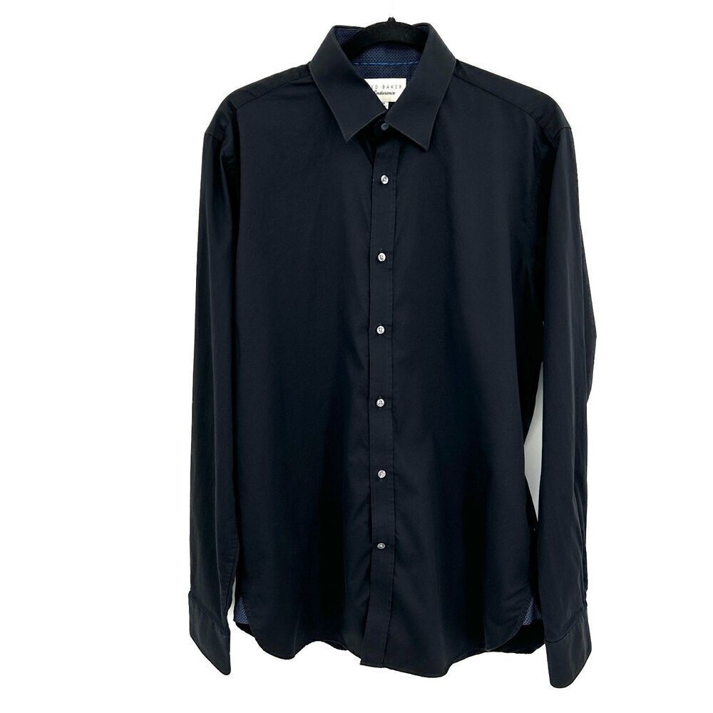 TED BAKER Black Endurance 100% Cotton Long Sleeve Button Up Dress Shirt Size 16